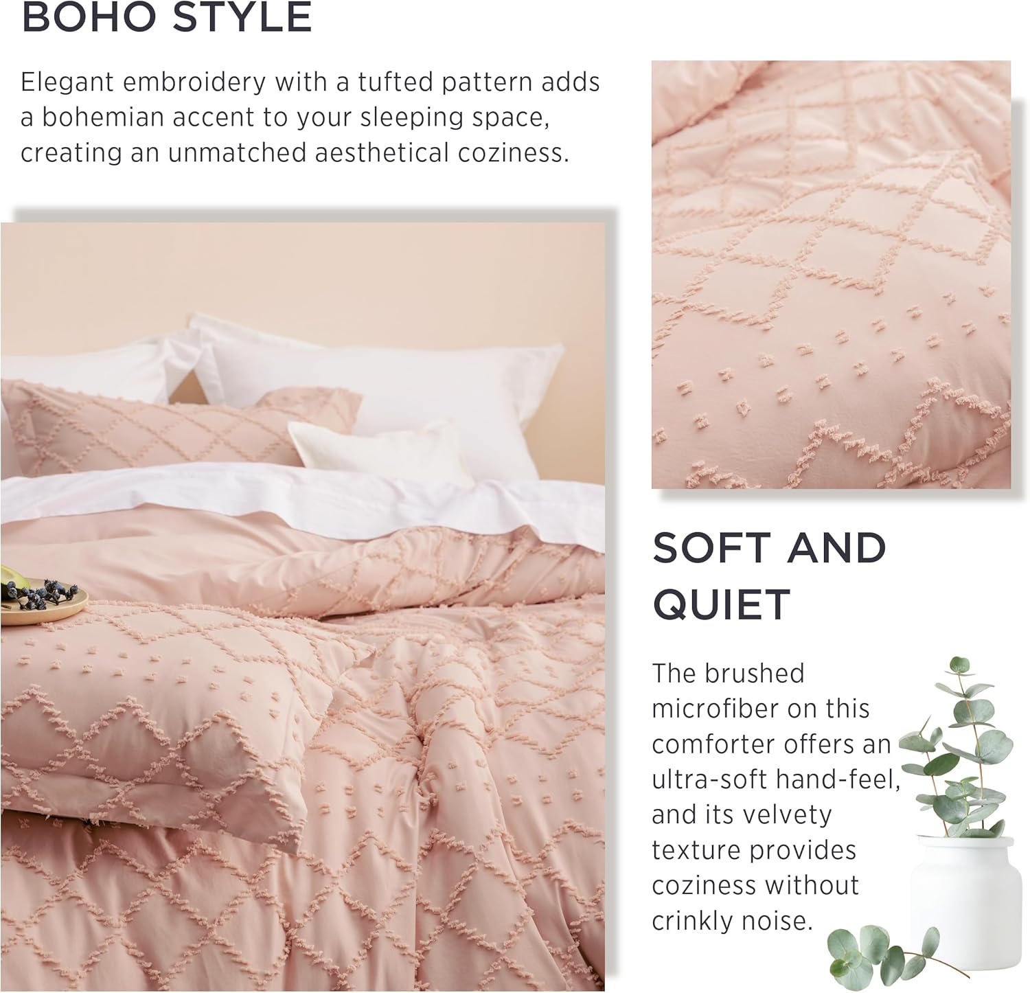 Bedsure Queen Comforter Set - Coral Pink Comforter, Boho Tufted Shabby Chic Bedding for Kids, 3 Pieces Vintage Farmhouse Bed Set for All Seasons, Fluffy Soft Bedding with 2 Pillow Shams